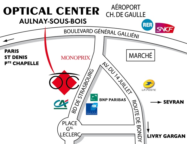 Mapa detallado de acceso Opticien AULNAY-SOUS-BOIS Optical Center