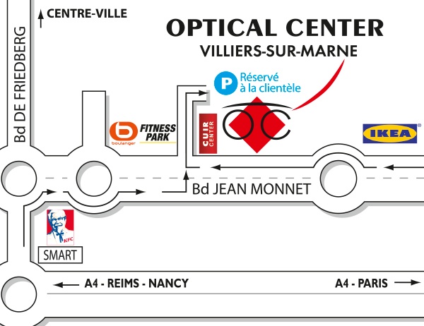 Gedetailleerd plan om toegang te krijgen tot Opticien VILLIERS-SUR-MARNE Optical Center