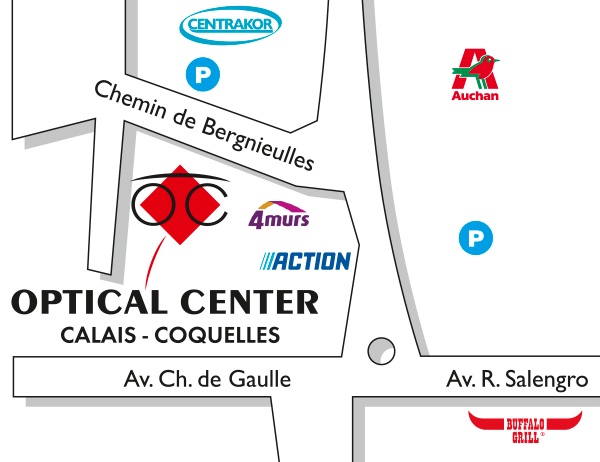 Mapa detallado de acceso Opticien CALAIS - COQUELLES Optical Center