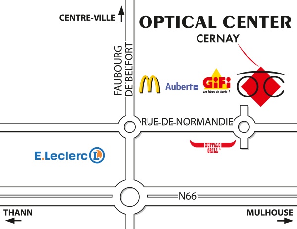 Mapa detallado de acceso Opticien CERNAY - Optical Center