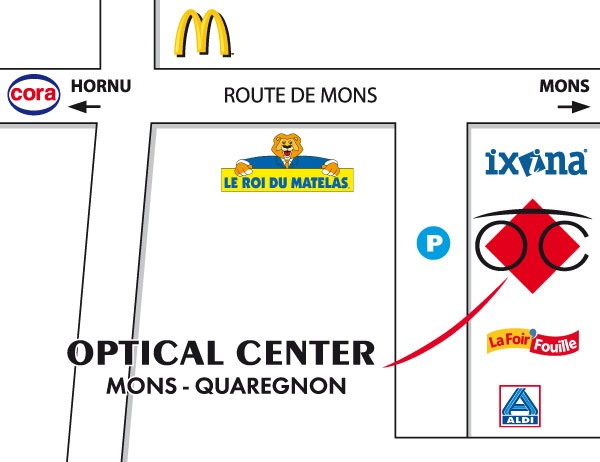 Mapa detallado de acceso Optical Center MONS - QUAREGNON
