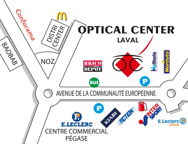Mapa detallado de acceso Opticien LAVAL Optical Center