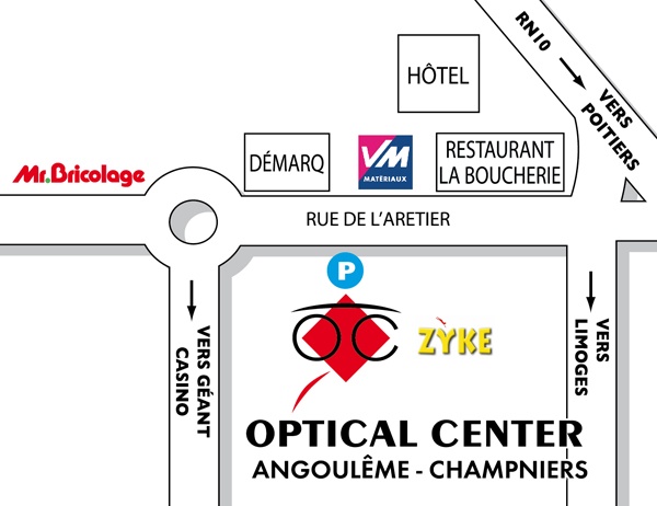 Gedetailleerd plan om toegang te krijgen tot Opticien ANGOULÊME - CHAMPNIERS Optical Center
