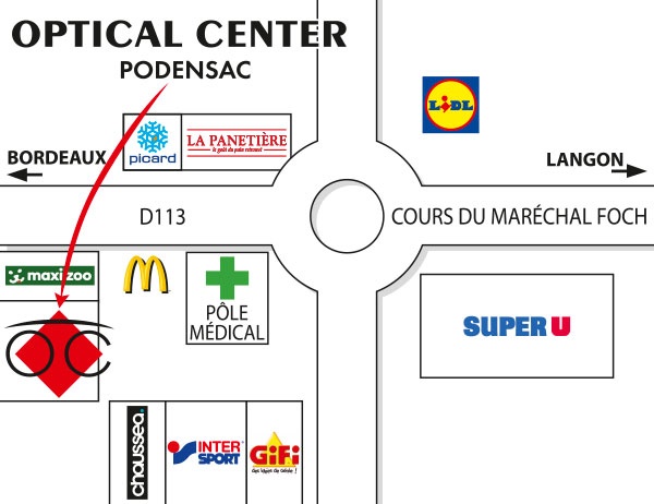 Gedetailleerd plan om toegang te krijgen tot Opticien PODENSAC Optical Center