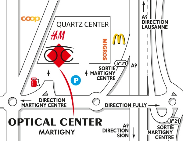 Mapa detallado de acceso Optical Center - MARTIGNY