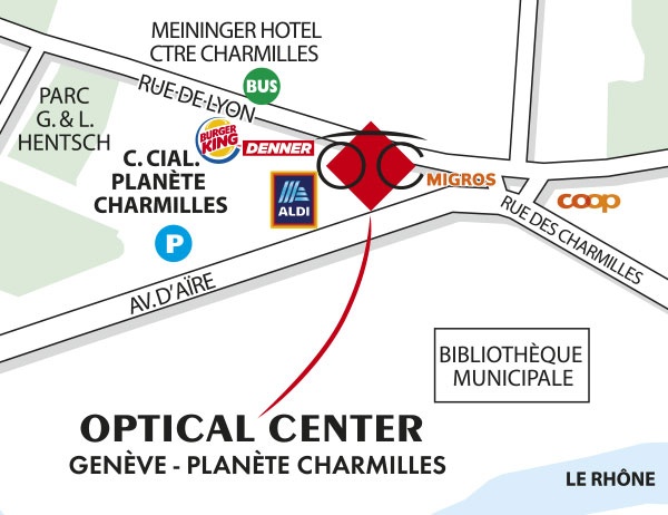 Gedetailleerd plan om toegang te krijgen tot Optical Center GENÈVE-PLANÈTE CHARMILLES