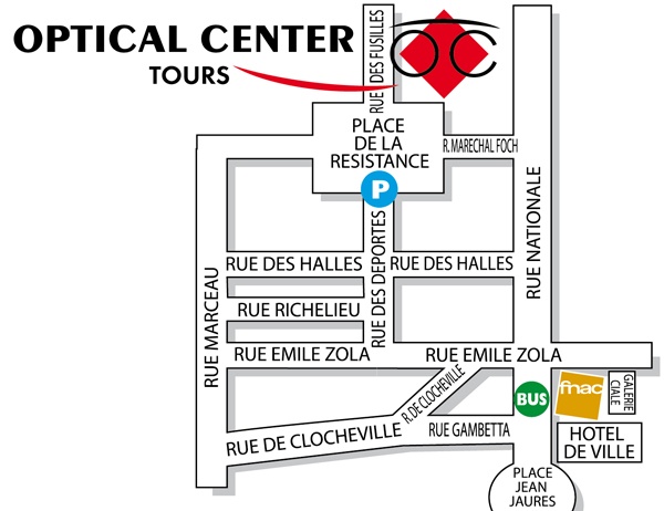 Mapa detallado de acceso Opticien TOURS Optical Center