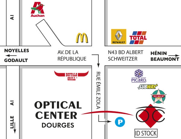 Mapa detallado de acceso Opticien DOURGES Optical Center