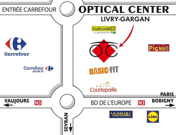 Detailed map to access to Opticien LIVRY-GARGAN Optical Center