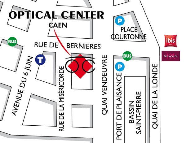 Mapa detallado de acceso Opticien CAEN Optical Center