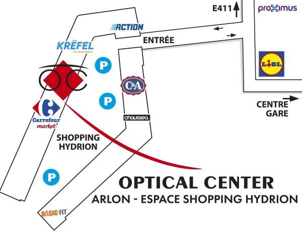 Mapa detallado de acceso Optical Center  ARLON - ESPACE SHOPPING HYDRION