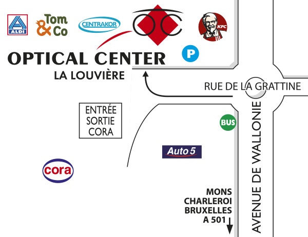 Mapa detallado de acceso Optical Center - LA LOUVIERE
