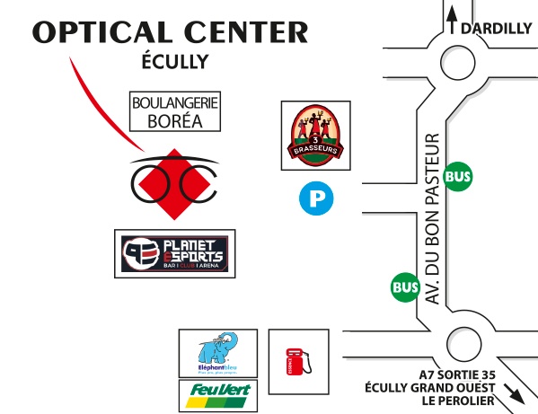 Mapa detallado de acceso Opticien ÉCULLY Optical Center