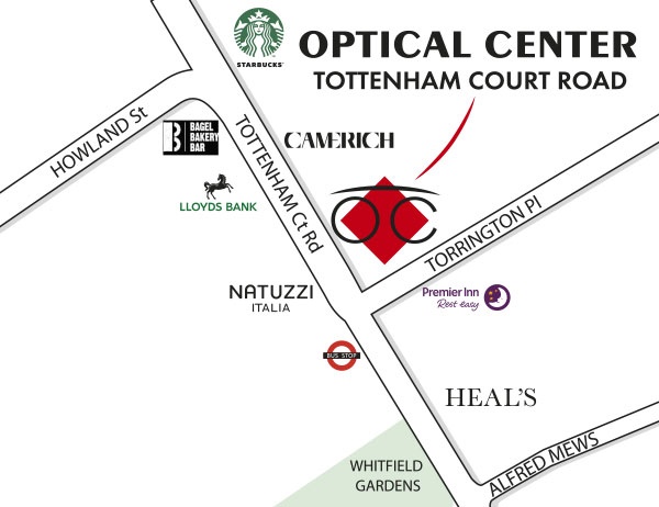 Mapa detallado de acceso Optical Center TOTTENHAM COURT ROAD