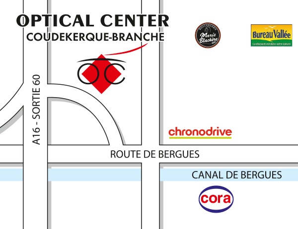 Mapa detallado de acceso Opticien COUDEKERQUE-BRANCHE - Optical Center