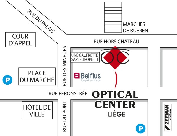 Mapa detallado de acceso Optical Center - LIEGE