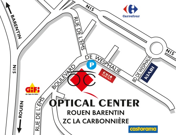 Mapa detallado de acceso Opticien ROUEN - BARENTIN Optical Center
