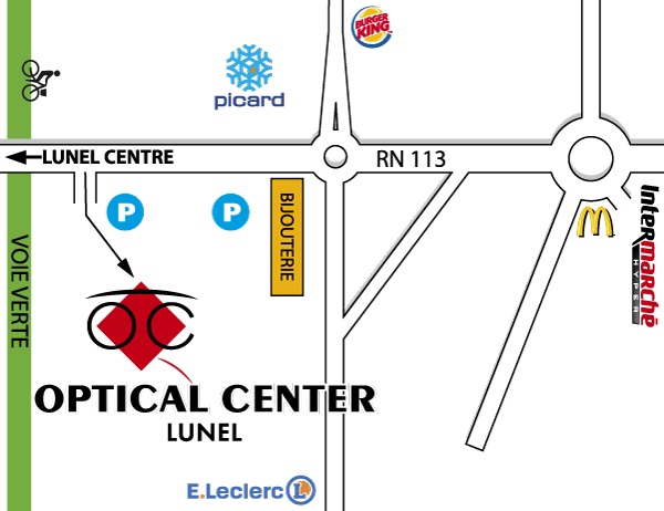 Mapa detallado de acceso Opticien LUNEL Optical Center