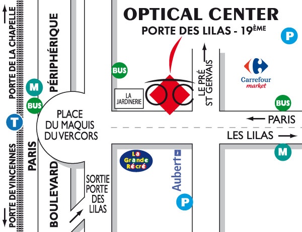 Mapa detallado de acceso Opticien PARIS - LILAS Optical Center