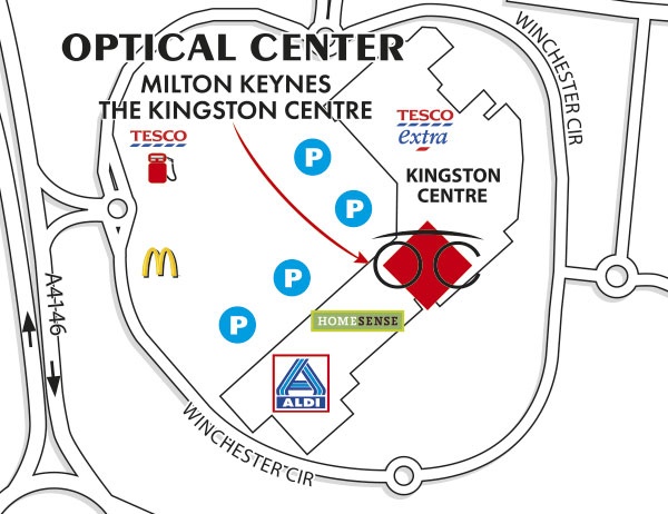 Mapa detallado de acceso Optical Center MILTON KEYNES