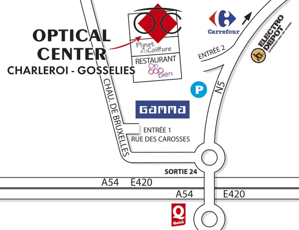 Detailed map to access to Optical Center CHARLEROI - GOSSELIES
