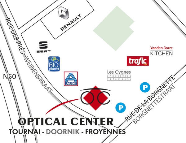 Mapa detallado de acceso Optical Center TOURNAI - FROYENNES / DOORNIK - FROYENNES