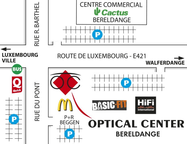 Mapa detallado de acceso Optical Center BERELDANGE