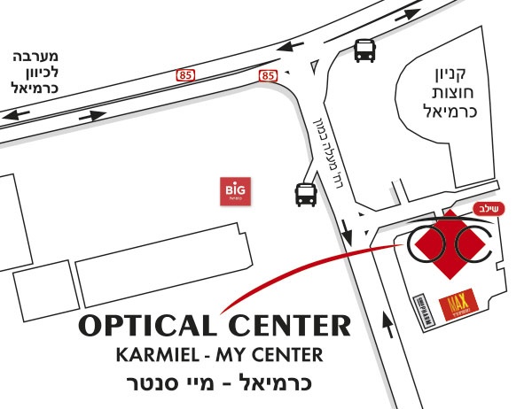 Mapa detallado de acceso Optical Center KARMIEL - MY CENTER/כרמיאל - מיי סנטר