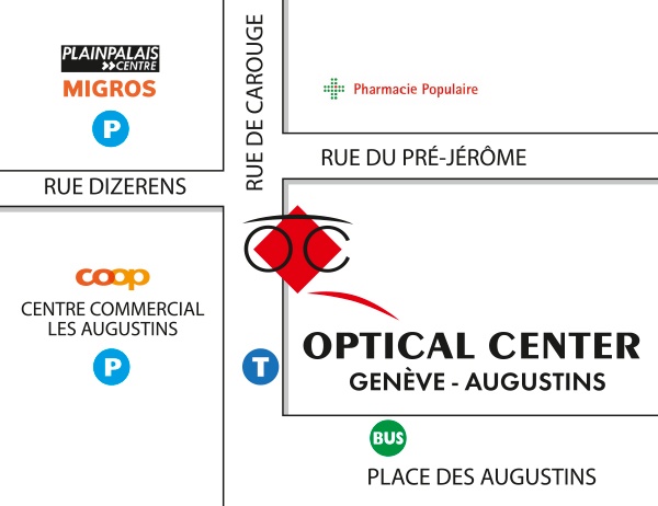 Mapa detallado de acceso Optical Center GENÈVE - AUGUSTINS