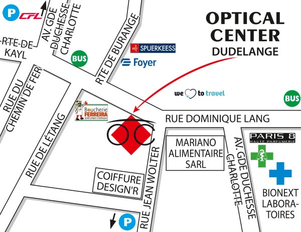 Mapa detallado de acceso Optical Center DUDELANGE