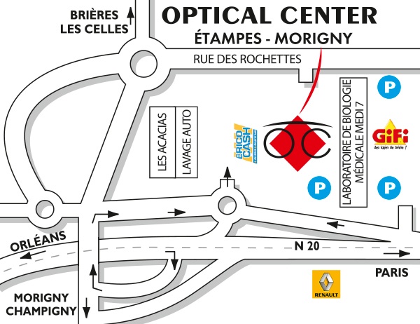Detailed map to access to Audioprothésiste ÉTAMPES-MORIGNY Optical Center