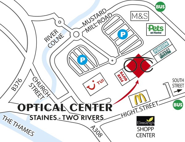 Mapa detallado de acceso Optical Center STAINES - TWO RIVERS