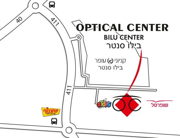 Mapa detallado de acceso Optical Center BILU CENTER/בילו סנטר