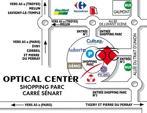 Mapa detallado de acceso Audioprothésiste  SHOPPING PARC - CARRÉ SÉNART Optical Center