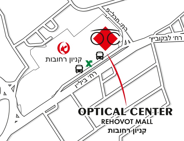 Mapa detallado de acceso Optical Center REHOVOT MALL/קניון רחובות