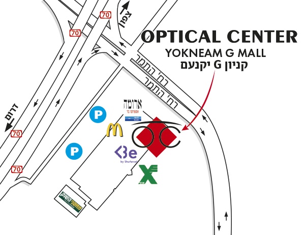 Mapa detallado de acceso Optical Center YOKNEAM G MALL/ יקנעם G