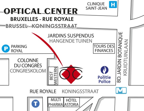 Mapa detallado de acceso Optical Center BRUXELLES-RUE ROYALE / BRUSSEL-KONINGSSTRAAT
