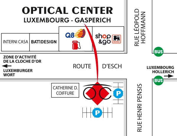 Detailed map to access to Optical Center LUXEMBOURG - GASPERICH