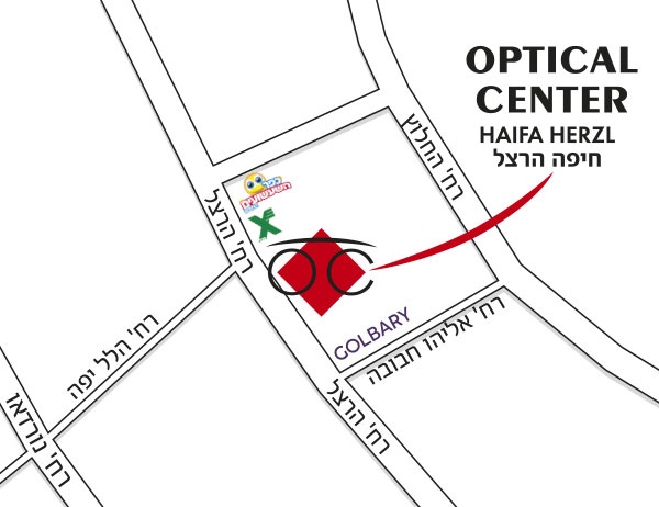 Mapa detallado de acceso Optical Center HAÏFA HERZL/חיפה הרצל