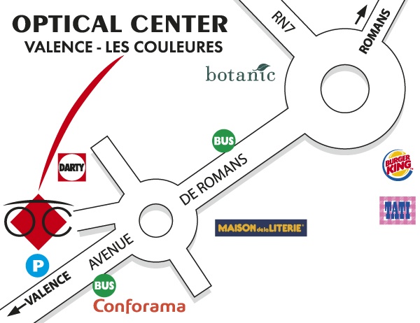 Detailed map to access to Audioprothésiste VALENCE-LES COULEURES Optical Center