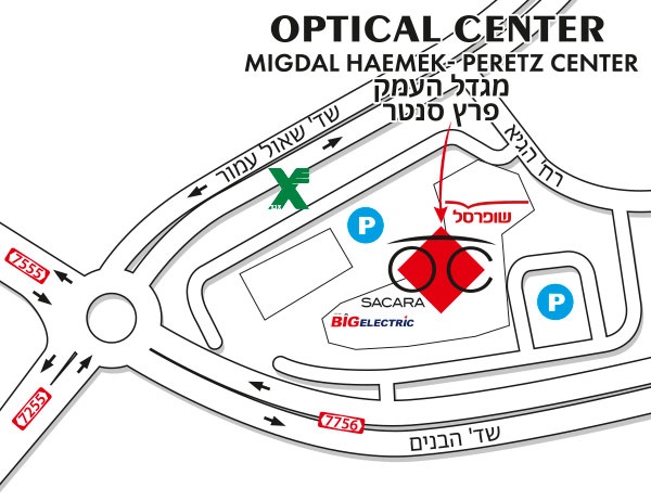 Mapa detallado de acceso Optical Center MIGDAL HAEMEK PERETZ CENTER/מגדל העמק פרץ סנטר