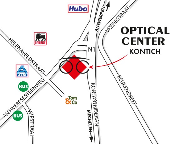 Detailed map to access to Optical Center KONTICH