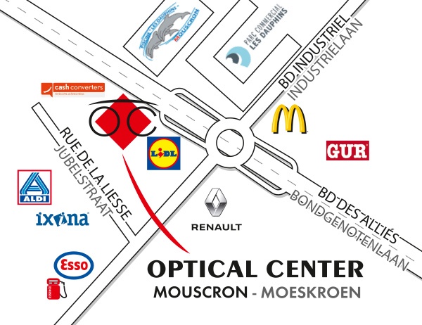 Mapa detallado de acceso Optical Center MOUSCRON / MOESKROEN
