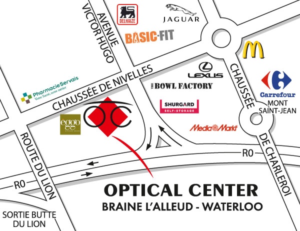 Mapa detallado de acceso Optical Center BRAINE L'ALLEUD - WATERLOO