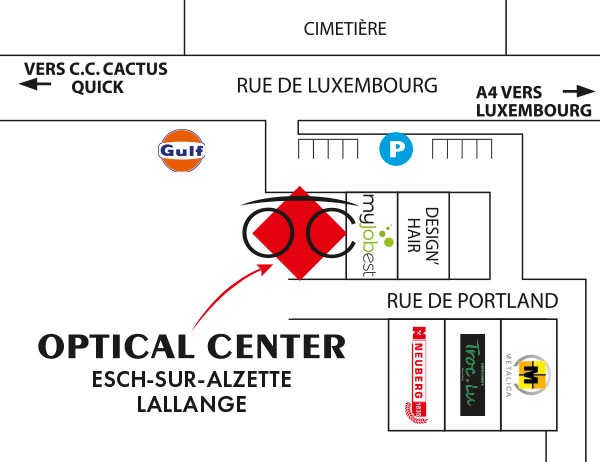 Mapa detallado de acceso Optical Center - ESCH-SUR-ALZETTE - LALLANGE