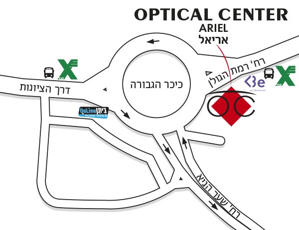 Mapa detallado de acceso Optical Center ARIEL/אריאל