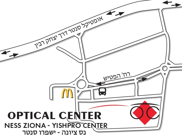 Mapa detallado de acceso Optical Center NESS ZIONA - YISHPRO CENTER/נס ציונה - ישפרו סנטר