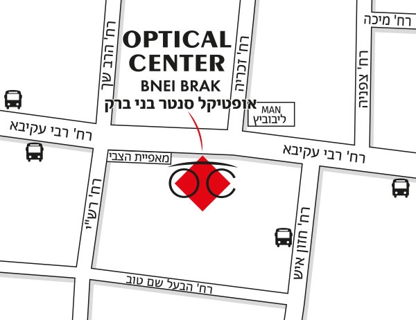 Mapa detallado de acceso Optical Center BNEI BRAK/בני ברק