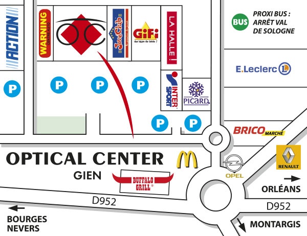 Mapa detallado de acceso Opticien GIEN Optical Center